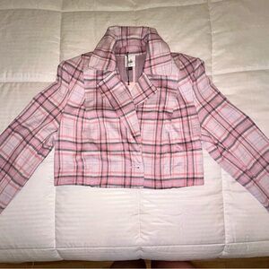 CAbi Pink and Gray Plaid Blazer Cropped Lightweight Jacket